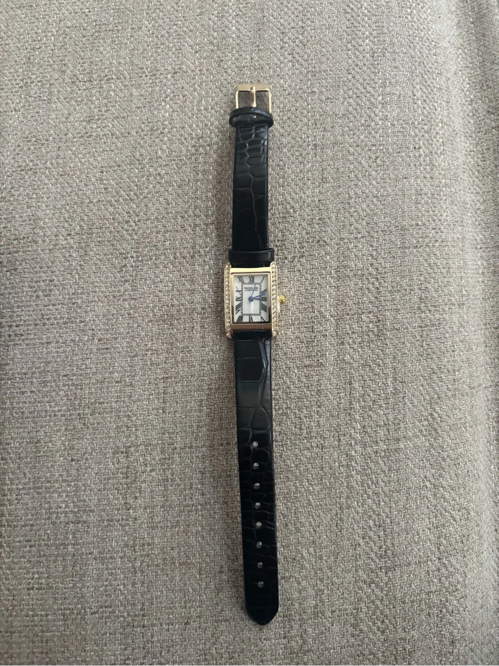 Rachel Zoe Black Leather Strap Gold-Tone Crystal Rectangle Watch